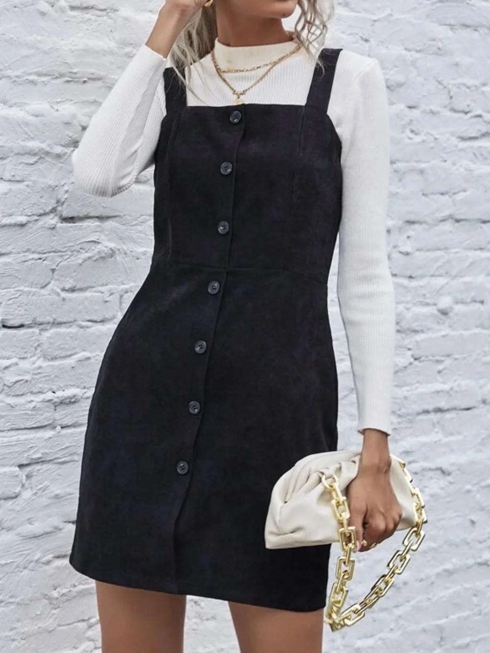 Black Corduroy Square Neck Button Front Mini Dress Medium Shein